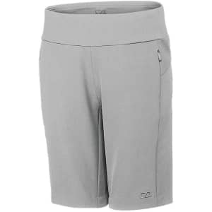 Grey pull-on shorts featuring a wide waistband and side pockets, with branding on the lower leg.