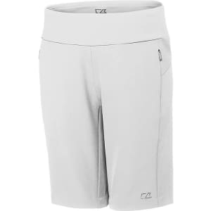 Light grey dress shorts with a wide waistband and a side pocket, featuring a brand logo.