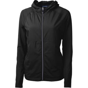 A black full zip jacket with a hood, featuring a fitted design and a branded logo.