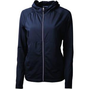 A navy ladies full zip jacket with a hood and zip-up front. It features a subtle branding logo.