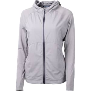 A light grey full zip jacket for women with a hood and a logo, featuring a fitted design.