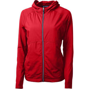 A red full zip jacket with a hood, featuring a fitted design and a slight sheen, includes a logo.