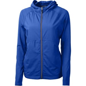 A blue ladies' full zip jacket with a hood and a zippered front, featuring a logo on the chest.