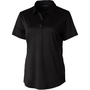 A black ladies' polo shirt with a collar and short sleeves, featuring a branding logo.