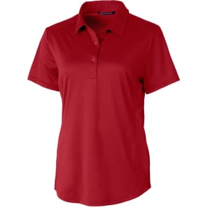A red ladies' polo shirt featuring a collar, short sleeves, and a logo on the chest.