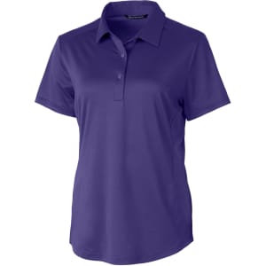 A purple ladies' polo shirt featuring a collar and buttons, with a logo on the side.