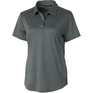 A short-sleeved ladies polo shirt in a muted green colour, featuring a collar and buttons, with a logo on the chest.