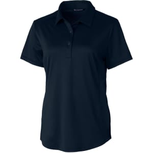 A ladies' polo shirt in navy blue with a collar and short sleeves, featuring a logo on the chest.