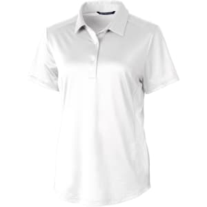 A white ladies' polo shirt with a collared neckline and short sleeves, featuring a logo.