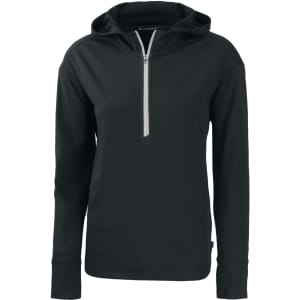 A black ladies' half zip hoodie with a hood and long sleeves, featuring a front zipper and a small logo.