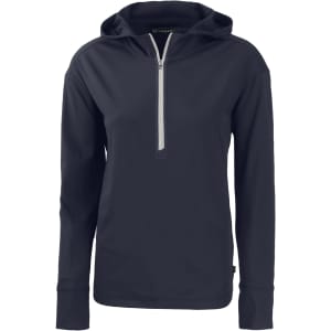 A navy ladies' half zip hoodie with long sleeves and a hood. It features a front zip and has a logo.