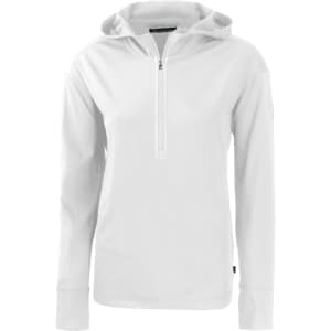 A white half zip hoodie with long sleeves and a hood, featuring a logo on one side.