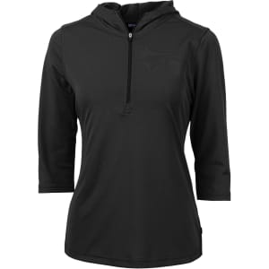 A black half-zip jacket for ladies with a hood and three-quarter sleeves, featuring a logo.