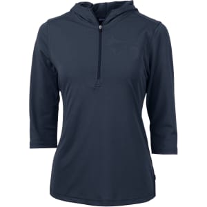 A dark navy half-zip jacket with a hood and three-quarter sleeves, featuring a small logo.
