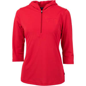 A red eco pique half-zip jacket with three-quarter sleeves. It includes a hood and features a branding logo.