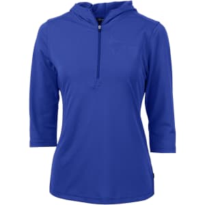 A blue half-zip jacket with a hood and three-quarter sleeves, featuring a logo.