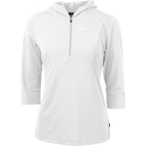 A half-zip jacket in white, featuring three-quarter sleeves and a hood, with a logo on the side.