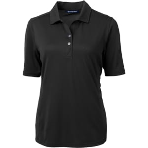 A black ladies' eco pique polo shirt with a collar and button placket, featuring a logo.
