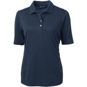A navy blue ladies polo shirt with a collar and short sleeves, featuring a buttoned placket and a logo.