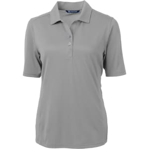 A grey ladies' eco pique polo shirt with a collared neck and short sleeves, featuring a logo.