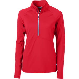 A red half-zip jacket for ladies with long sleeves and a front zip pocket, featuring a logo on the side.