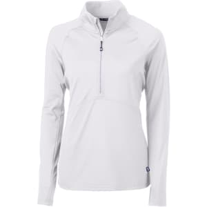 A light grey half-zip jacket with a fitted design and long sleeves, featuring a small logo.