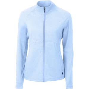 A light blue full zip jacket with a fitted design and a smooth fabric texture. It features a logo on the side.