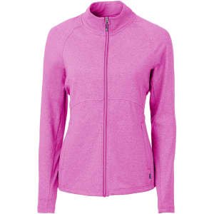 A pink full zip jacket with long sleeves and a zippered front, featuring a logo on the side.