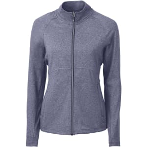 A grey full zip jacket with a high collar and a fitted design, featuring a logo on the side.