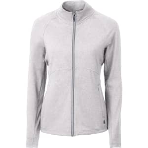A light grey full zip jacket with long sleeves, featuring a fitted design and a logo on the front.