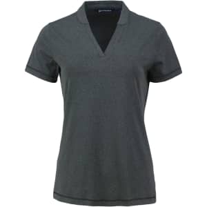 A grey polo shirt with a V-neck and short sleeves, featuring a logo on the front.