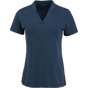 A navy blue polo shirt with a v-neck and short sleeves, featuring a logo on the front.