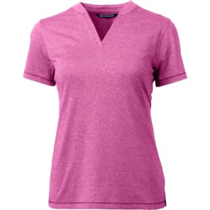 A pink heather polo shirt featuring a v-neck and short sleeves, with a logo on the chest.