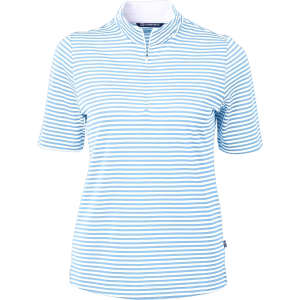 A light blue and white striped polo shirt with a short zip and a logo on the collar.