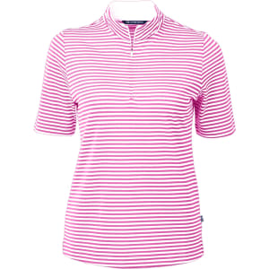 A pink and white striped polo shirt with short sleeves and a zip collar. It features a small brand logo.
