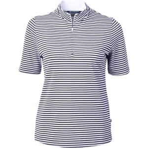 A striped polo shirt in black and white with a zip neckline and short sleeves. Features a logo.
