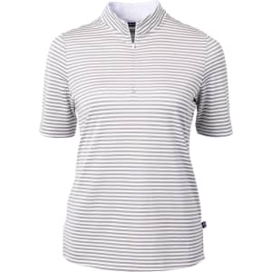 A striped polo shirt in light grey and white, featuring a zip collar and short sleeves. It has a logo on the side.