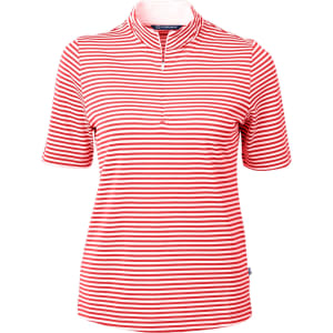 A red and white striped polo shirt with a half zip and short sleeves. It includes a logo on the collar.