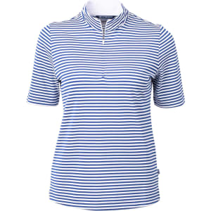 A blue and white striped polo shirt with a zip collar and short sleeves, featuring a logo.