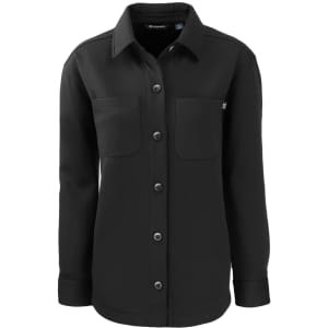 A black eco shirt jacket featuring two front pockets and a button-up design, with a logo on the upper fabric.