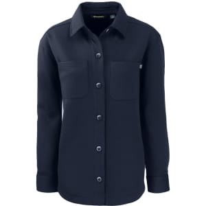A navy eco shirt jacket with a button-up front and two chest pockets, featuring a logo.