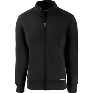 A black full zip jacket with a high collar, featuring a logo on the side and a fitted design.