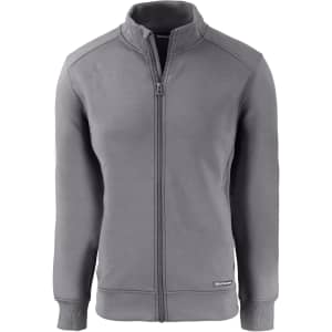 A grey eco-friendly full zip jacket with a high collar and a logo on the side.