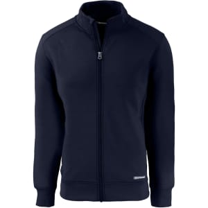 A navy full zip jacket featuring a stand-up collar and a logo on the side.