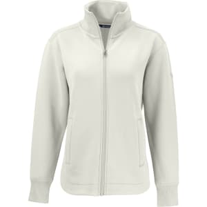A light grey eco-friendly full zip jacket with a high collar and side pockets, featuring a logo on the sleeve.
