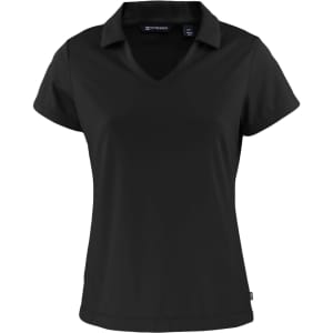 A black polo shirt with a v-neck and short sleeves, featuring a logo on the label.
