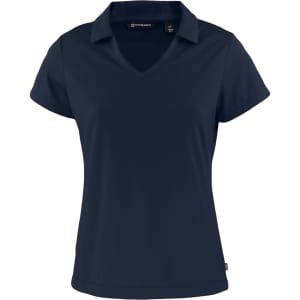 A navy blue polo shirt with a V-neck and short sleeves, featuring a logo on the side.