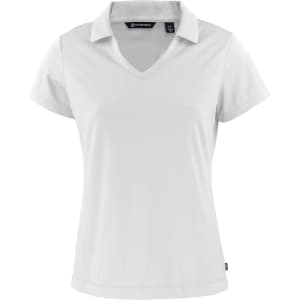 A white polo shirt with a V-neck and short sleeves, featuring a logo on the chest.