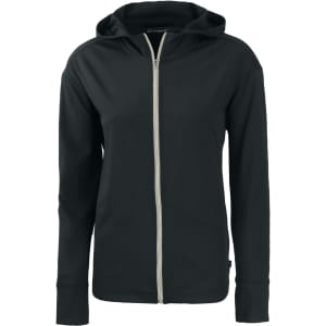 A black full zip hoodie with a hood, featuring a logo on one side.