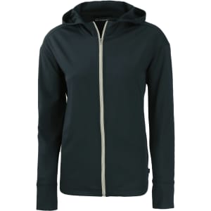 A black full zip hoodie featuring a hood and long sleeves, with a subtle logo on the front.